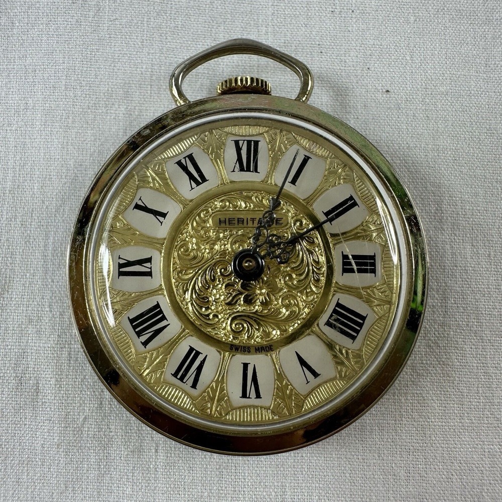 Vtg Heritage Pocket Watch Pendant Swiss Made Gold Tone Wind Up Roman Numerals
